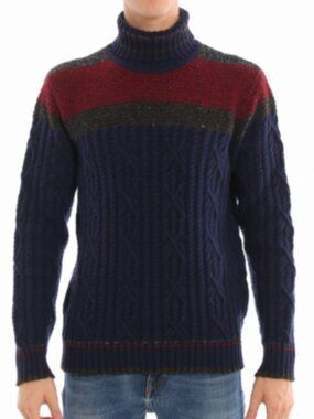 ETRO Cable Knit Wool Blue and Red Striped Turtleneck Sweater in Medium